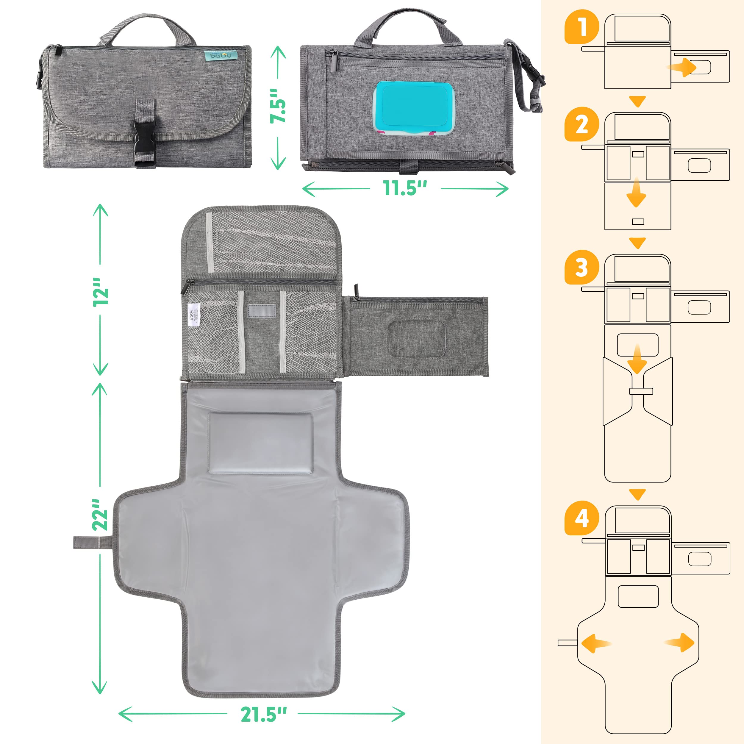 Baby Portable Diaper Changing Pad - Baby Diaper Changer Travel Bag with Wipes Pocket, Smart Design Portable Changing Mat - Image 5